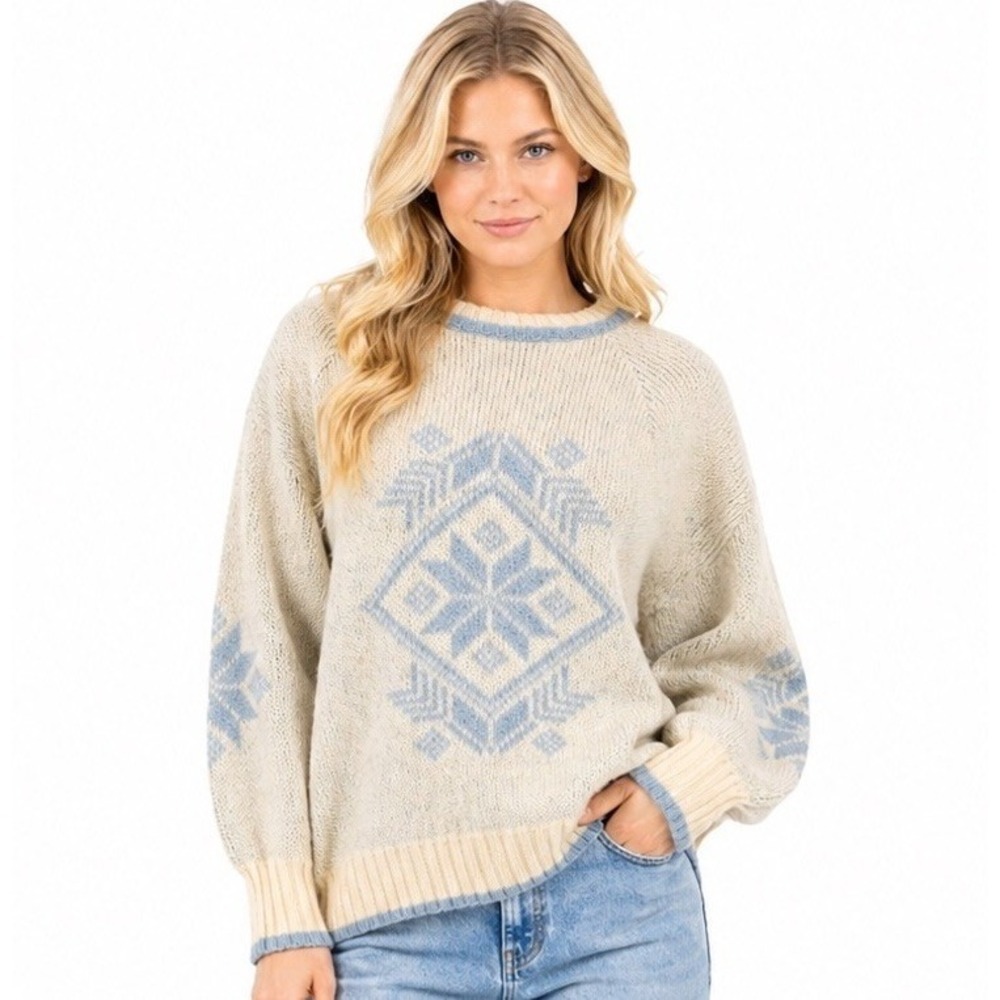 Vtg Floss Iceland Wool Sweater Nordic Blue Cream Hand Knit Ski Apres‎ Rare